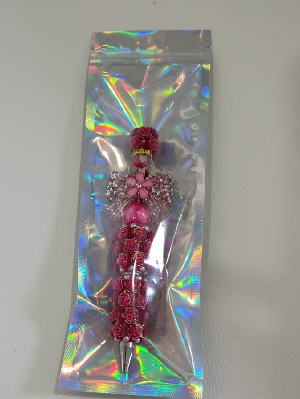 Pink Floral Crystal Beaded Ballpoint Pen - Women Jewelry Accent
